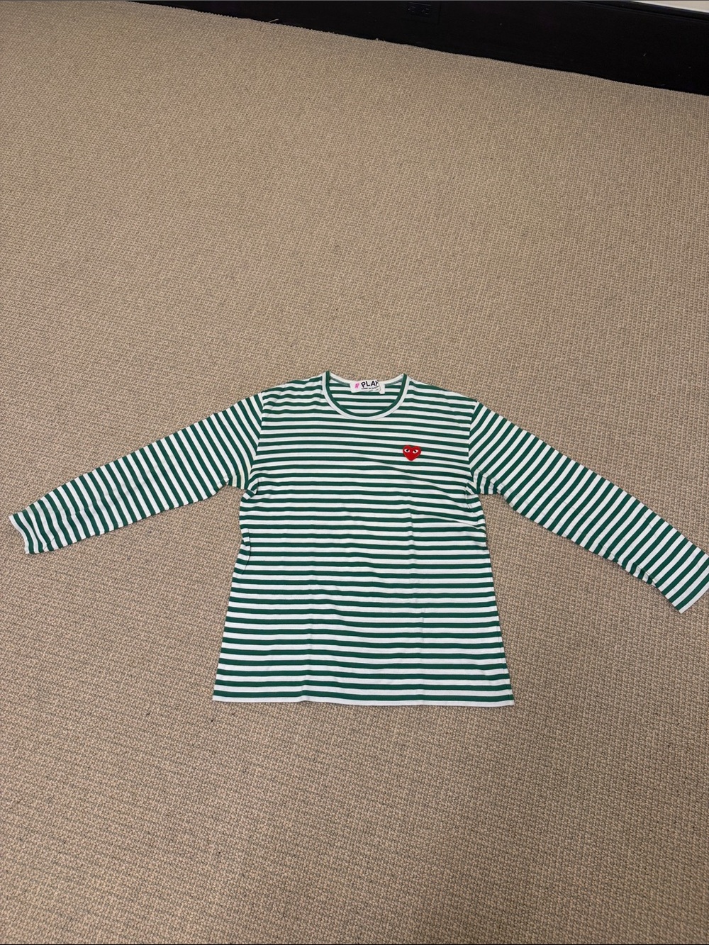 Comme des Garcons PLAY Green & White Striped Long Sleeve Shirt with Red Heart
